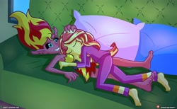 Size: 4096x2531 | Tagged: safe, artist:dieart77, sunset satan, sunset shimmer, equestria girls, barefoot, breast pillow, clothes, duality, duo, duo female, eyes closed, feet, female, pajamas, pillow, sleeping, sofa
