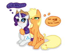 Size: 1280x960 | Tagged: safe, artist:suenden-hund, applejack, rarity, earth pony, pony, unicorn, accessory swap, applejack's hat, chest fluff, female, hat, lesbian, rarijack, shipping, simple background, thought bubble, transparent background