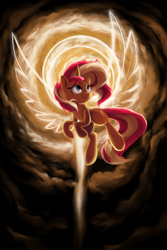 Size: 2000x3000 | Tagged: safe, artist:rocket-lawnchair, sunset shimmer, pony, unicorn, artificial wings, atg 2020, augmented, female, flying, halo, magic, magic wings, mare, newbie artist training grounds, smiling, solo, wings