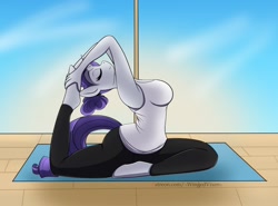 Size: 1280x946 | Tagged: safe, artist:xwingedvixenx, rarity, anthro, alternate hairstyle, big breasts, breasts, clothes, eyelashes, eyes closed, female, flexible, leggings, outfit, pants, pose, raritits, relaxing, shirt, solo, tight clothing, workout, yoga, yoga pants