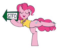 Size: 5218x4003 | Tagged: safe, artist:kribbles, pinkie pie, earth pony, pony, spice up your life, absurd resolution, arrow, clothes, colored sketch, eyes closed, female, gtfo, mare, open mouth, parody, scene interpretation, scene parody, sign, simple background, smiling, solo, text, vulgar, white background