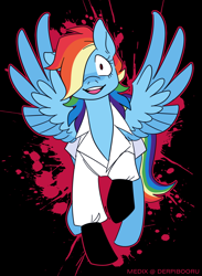 Size: 1100x1500 | Tagged: safe, artist:medix, derpibooru exclusive, derpibooru import, rainbow dash, pegasus, pony, fanfic:rainbow factory, abstract background, clothes, crazy face, faic, female, gloves, lab coat, rainbow factory dash, solo, splatter, spread wings, wings