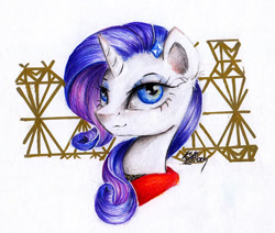 Size: 1024x870 | Tagged: safe, artist:lailyren, artist:moonlight-ki, rarity, pony, unicorn, bust, clothes, female, looking at you, mare, solo, traditional art