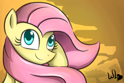 Size: 1900x1275 | Tagged: safe, artist:whitelie, fluttershy, pegasus, pony, autumn, bust, colored pupils, looking at you, portrait, smiling, solo, windswept mane