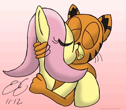 Size: 1668x1452 | Tagged: safe, artist:commanderpaws, fluttershy, pegasus, pony, background pony strikes again, crack shipping, crossover, crossover shipping, eyes closed, female, garfield, gradient background, kissing, male, op is a cuck, shipping, straight, wat, why