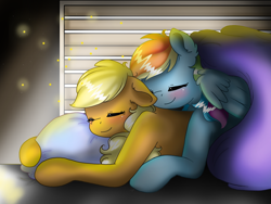 Size: 2048x1536 | Tagged: safe, artist:valiantstar00, derpibooru import, applejack, rainbow dash, earth pony, pegasus, pony, appledash, bed, blushing, cuddling, female, floppy ears, hug, in bed, lesbian, mare, missing accessory, pillow, pillow hug, shipping, sleeping, smiling, sunset, window