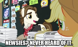 Size: 540x331 | Tagged: safe, screencap, applejack, earth pony, pony, made in manehattan, christian bale, disney, fine print, image macro, meme, musical, news flash, newsies, newspaper, newsstand