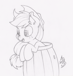 Size: 968x1000 | Tagged: safe, artist:dfectivedvice, applejack, earth pony, pony, barrel, grayscale, monochrome, silly, silly pony, simple background, solo, traditional art, who's a silly pony