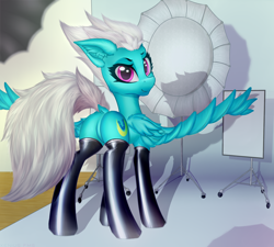 Size: 1780x1600 | Tagged: safe, artist:xeniusfms, fleetfoot, pegasus, pony, butt, clothes, commission, dock, ear fluff, fangs, featureless crotch, female, looking at you, looking back, mare, plot, showing off, solo, spread wings, stockings, taking a photo, thigh highs, wings