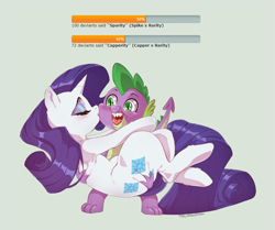 Size: 1139x954 | Tagged: safe, artist:thecuriousfool, rarity, spike, dragon, pony, unicorn, carrying, female, kiss on the cheek, kissing, male, mare, poll, shipping, sparity, straight