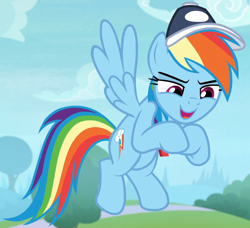 Size: 714x652 | Tagged: safe, derpibooru import, screencap, rainbow dash, pegasus, pony, 2 4 6 greaaat, cap, flying, hat, plotting