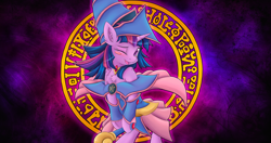 Size: 4096x2160 | Tagged: safe, artist:ardail, derpibooru import, edit, twilight sparkle, semi-anthro, blush sticker, blushing, chest fluff, clothes, crossover, cute, dark magician girl, magic, magic circle, solo, twiabetes, wallpaper, yu-gi-oh!