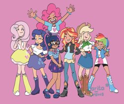 Size: 1280x1077 | Tagged: safe, artist:eereekuhh, applejack, fluttershy, pinkie pie, rainbow dash, rarity, sci-twi, sunset shimmer, twilight sparkle, human, equestria girls, eyes closed, hand on hip, human coloration, humane five, humane seven, humane six, humanized, moderate dark skin, open mouth, pink background, simple background