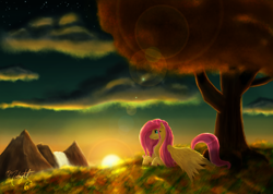 Size: 1500x1070 | Tagged: safe, artist:midnightsix3, fluttershy, pegasus, pony, mountain, scenery, solo, sunset, tree, under the tree