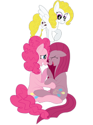 Size: 1936x2592 | Tagged: safe, artist:squipycheetah, pinkie pie, surprise, angel, earth pony, pony, comforting, cute, cuteamena, diapinkes, duality, eyes closed, floppy ears, guardian, happy, holding hooves, hug, looking down, open mouth, pinkamena diane pie, pinkiemena, raised hoof, self ponidox, simple background, sitting, size difference, smiling, transparent background, trinity pie, trio, vector