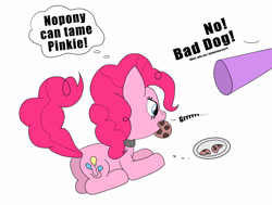 Size: 2000x1509 | Tagged: safe, artist:greaterlimit, derpibooru import, pinkie pie, twilight sparkle, dog, earth pony, pony, behaving like a dog, collar, cookie, eating, hooves, pet play, plate, plot, pointing, prone, puppy pie, simple background, thought bubble, white background