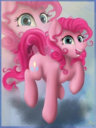 Size: 2479x3295 | Tagged: safe, artist:meze-diapason, pinkie pie, earth pony, pony, open mouth, raised hoof, signature, solo, zoom layer