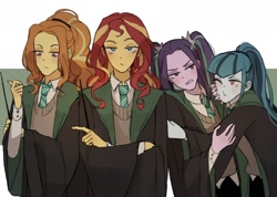 Size: 1802x1280 | Tagged: safe, artist:tcn1205, adagio dazzle, aria blaze, sonata dusk, sunset shimmer, equestria girls, alternate universe, clothes, crossed arms, gritted teeth, harry potter, hogwarts, looking at you, necktie, no pupils, robe, school uniform, slytherin, the dazzlings, wand, wide eyes