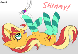 Size: 1600x1100 | Tagged: safe, artist:ziemniax, color edit, edit, sunset shimmer, pony, unicorn, behaving like a cat, clothes, colored, cute, gradient background, on back, shimmerbetes, socks, solo, striped socks