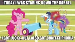 Size: 888x500 | Tagged: safe, derpibooru import, edit, edited screencap, screencap, pinkie pie, rainbow dash, earth pony, pegasus, pony, 2 4 6 greaaat, bipedal, caption, confetti, duo, image macro, party cannon, text