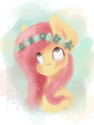 Size: 768x1024 | Tagged: safe, artist:lumepone, fluttershy, pegasus, pony, abstract background, bust, floral head wreath, looking up, portrait, solo