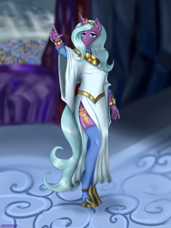 Size: 2400x3200 | Tagged: safe, artist:raeverran, idw, radiant hope, anthro, unguligrade anthro, unicorn, clothes, female, hoof shoes, mare, princess radiant hope, side slit, solo, stockings, thigh highs, white dress