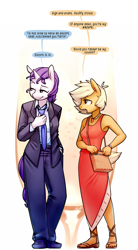 Size: 884x1600 | Tagged: safe, artist:siden, applejack, rarity, oc, oc:ivory, oc:sparkling cider, anthro, plantigrade anthro, alternate universe, armpits, business suit, clothes, dialogue, dress, feet, female, lesbian, masculine mare, necklace, necktie, purse, rarijack, role reversal, sandals, shipping, suit, ultimare universe, watch