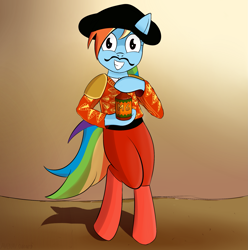 Size: 1965x1979 | Tagged: safe, artist:avenav, derpibooru import, rainbow dash, pegasus, pony, semi-anthro, bullfighter, clothes, crossdressing, eminem, grin, hat, hot sauce, salsa, smiling, solo