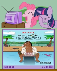 Size: 600x750 | Tagged: safe, derpibooru import, pinkie pie, twilight sparkle, earth pony, pony, alcohol, bathrobe, bojack horseman, clothes, exploitable meme, facehoof, meme, mixed reactions, netflix, obligatory pony, robe, swimming pool, tv meme, whiskey