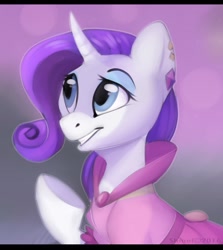 Size: 1309x1468 | Tagged: safe, artist:shmel, rarity, pony, unicorn, clothes, dress, ear piercing, earring, female, jewelry, mare, piercing, smiling, solo