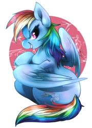 Size: 718x1000 | Tagged: safe, artist:moondrop, derpibooru import, rainbow dash, pegasus, pony, abstract background, confident, cute, female, grin, mare, smiling, solo