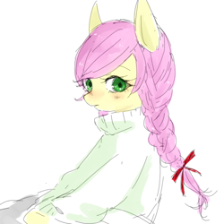 Size: 1650x1650 | Tagged: safe, artist:yowal, fluttershy, pegasus, pony, alternate hairstyle, blushing, bow, braid, clothes, digital art, green eyes, hair bow, looking at you, pink hair, pink mane, pixiv, simple background, sitting, solo, sweater, sweatershy, turtleneck, twin braids, white sweater, yellow coat