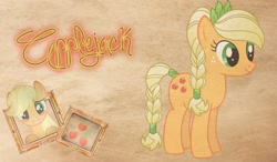 Size: 1761x1029 | Tagged: safe, artist:fluttershy625, derpibooru import, applejack, earth pony, pony, alternate hairstyle, blushing, braid, cutie mark, female, frame, mare, solo, vector, wallpaper