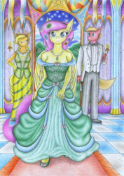 Size: 3475x4915 | Tagged: safe, artist:sinaherib, applejack, big macintosh, fluttershy, anthro, breasts, cleavage, clothes, dress, female, fluttermac, gala dress, male, shipping, straight, traditional art, tuxedo