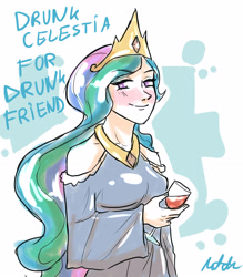 Size: 2001x2286 | Tagged: safe, artist:daily-happiness, princess celestia, human, blushing, crown, drunk, humanized, jewelry, necklace, regalia, solo