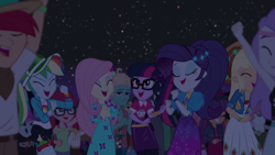 Size: 1600x900 | Tagged: safe, derpibooru import, screencap, alizarin bubblegum, applejack, fluttershy, ginger owlseye, hunter hedge, rainbow dash, rarity, sci-twi, snow flower, twilight sparkle, zephyr breeze, better together, equestria girls, sunset's backstage pass!, music festival outfit