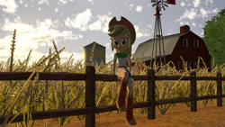 Size: 1024x576 | Tagged: safe, artist:vinuldash, applejack, equestria girls, 3d, barn, boots, clothes, cowboy boots, cowboy hat, denim skirt, farm, fence, hat, looking at you, shoes, sitting, skirt, smiling, solo, source filmmaker, stetson, windmill