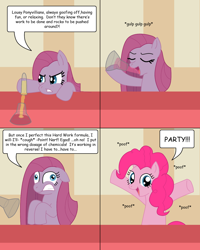 Size: 900x1125 | Tagged: safe, artist:gameboysage, pinkie pie, earth pony, pony, comic, dialogue, dr jekyll and mr hyde, female, mare, pinkamena diane pie, potion, solo