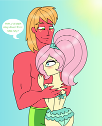 Size: 1070x1312 | Tagged: safe, artist:purfectprincessgirl, big macintosh, fluttershy, equestria girls, bare chest, beach, bikini, blushing, clothes, female, flutterbutt, fluttermac, hug, humanized, male, muscles, pony coloring, shipping, straight, summer, swimsuit, topless