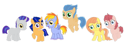 Size: 1350x466 | Tagged: safe, applejack, oc, oc only, oc:apple blaze, oc:honeycrisp, oc:lightning apple, oc:luster strom, oc:red velvet, oc:star glow, earth pony, pony, next generation, offspring, parent:applejack, parent:big macintosh, parent:braeburn, parent:donut joe, parent:flash sentry, parent:fluttershy, parent:pinkie pie, parent:rainbow dash, parent:rarity, parent:soarin', parent:thunderlane, parent:twilight sparkle, parents:braeshy, parents:flashlight, parents:pinkiejoe, parents:rainbowmac, parents:rarilane, parents:soarinjack