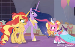 Size: 2029x1254 | Tagged: safe, artist:luna.queex, edit, edited screencap, screencap, luster dawn, princess twilight 2.0, sunset shimmer, twilight sparkle, twilight sparkle (alicorn), alicorn, pony, the last problem, alicornified, balloon, clothes, dress, ethereal mane, female, hoof shoes, lustercorn, mare, older, peytral, race swap, raised hoof, shimmercorn, starry mane