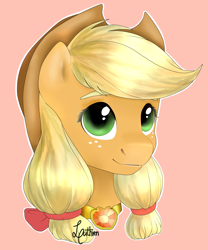 Size: 1024x1229 | Tagged: safe, artist:sofilut, applejack, earth pony, pony, bust, element of honesty, pigtails, portrait, simple background, solo