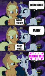 Size: 1280x2162 | Tagged: safe, edit, edited screencap, screencap, applejack, rarity, earth pony, pony, unicorn, made in manehattan, comic, discovery family logo, exploitable meme, female, image macro, joke, knock knock joke, lesbian, mare, marriage proposal, meme, rarijack, rarity's bad pickup lines, screencap comic, screenshot comic, shipping