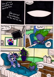 Size: 1363x1947 | Tagged: safe, artist:newyorkx3, derpibooru import, spike, twilight sparkle, twilight sparkle (alicorn), alicorn, dragon, pony, comic:twilight and the big city, bed, comic, female, hospital, hospital bed, male, mare, onomatopoeia, sleeping, sound effects, traditional art, z, zzz