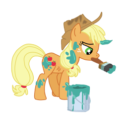 Size: 745x681 | Tagged: safe, artist:pinkiejay, applejack, earth pony, pony, made in manehattan, applejack's damaged hat, bucket, paint, paint in hair, paint on fur, paintbrush, simple background, solo, transparent background, vector