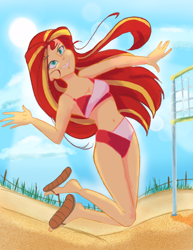 Size: 2550x3300 | Tagged: safe, artist:pettypop, sunset shimmer, human, beach, belly button, breasts, cleavage, clothes, humanized, midriff, sandals, shoe dangling, sports, swimsuit, two-piece swimsuit, volleyball