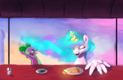 Size: 3668x2394 | Tagged: safe, artist:terrafomer, princess celestia, spike, alicorn, dragon, pony, breakfast, duo, eyes closed, gem, magic, open mouth