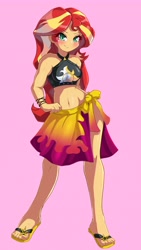 Size: 2315x4096 | Tagged: safe, artist:nin10ja, sunset shimmer, human, equestria girls, equestria girls series, belly button, bikini, blushing, clothes, cute, feet, flip-flops, high res, humanized, looking at you, midriff, sandals, sarong, shimmerbetes, solo, summer sunset, swimsuit, toes
