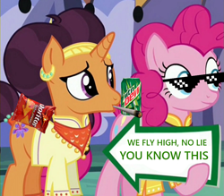 Size: 941x823 | Tagged: safe, derpibooru exclusive, edit, edited screencap, screencap, pinkie pie, saffron masala, earth pony, pony, spice up your life, blunt, chips, deal with it, doritos, exploitable meme, food, jim jones, meme, mlg, mountain dew, pinkie pie's sign, smoking, song reference, sunglasses, we fly high