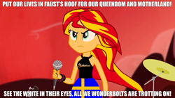 Size: 1280x720 | Tagged: safe, edit, edited edit, edited screencap, screencap, sunset shimmer, human, equestria girls, rainbow rocks, 1000 hours in ms paint, accessories, armband, caption, closed mouth, clothes, cloud, drums, electric guitar, evening, exclamation point, eyebrows, eyelashes, female, frown, guitar, hill, holding, impact font, logo, meme, microphone, mouth closed, ms paint, ms paint adventures, musical instrument, outdoors, power metal, sabaton, skirt, sky, solo, standing, sweden, swedish, swedish flag, symbol, text, text edit, top, wall of tags, wind, woman